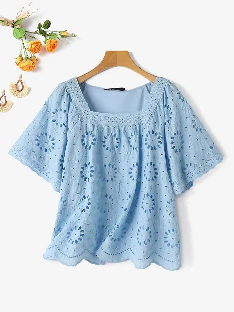 Fashion Lace Crochet Blouse Summer Women Tops ZANZEA Elegant Square Neck Short Sleeve Casual Work Shirt Bohemian Holiday Blusas