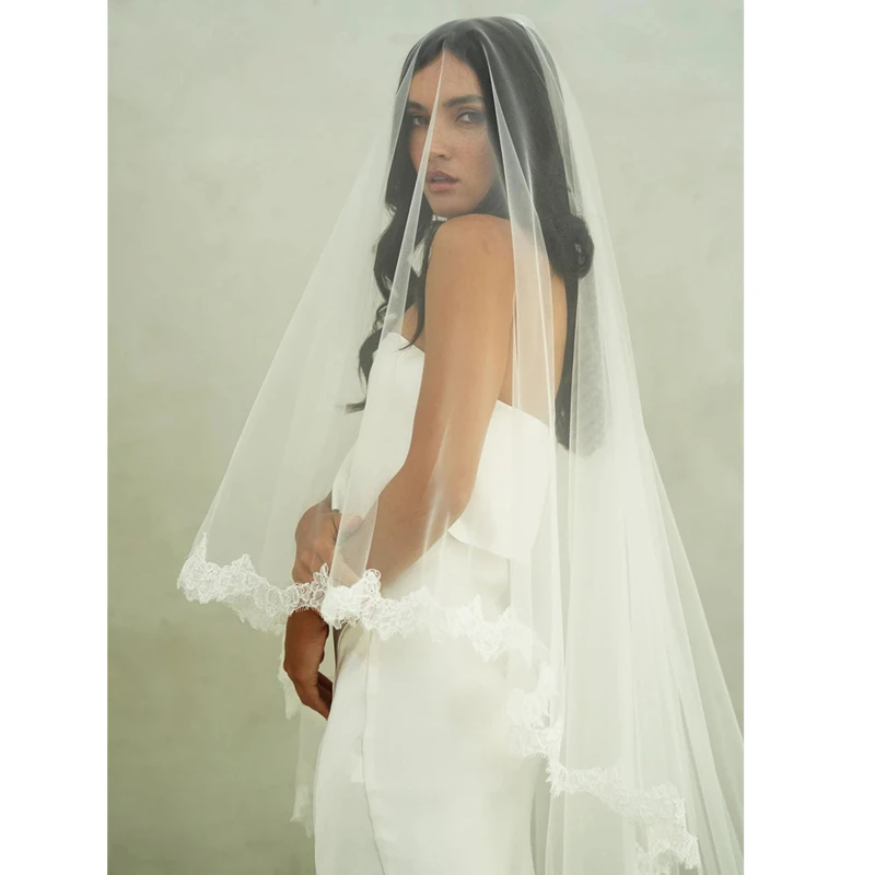 

2T Cathedral Ivory Bridal Wedding Veils Accessories for Brides With Blusher Two Layers Tiers Tulle Lace With Bone Long Soft Trim