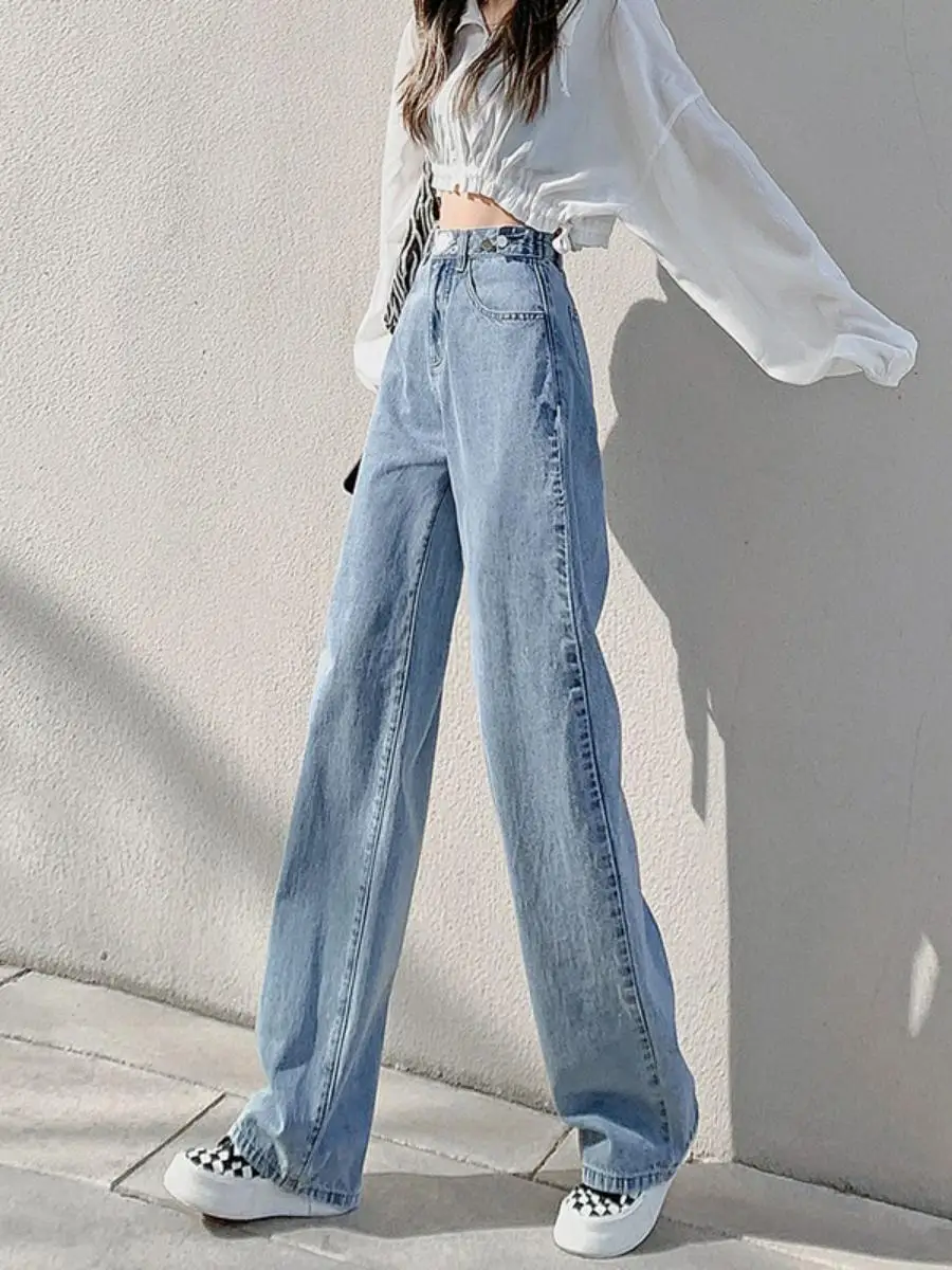 

Регулируемые джинсы с высокой талией, женские свободные длинные брюки, студенческие модные прямые корейские версии, дра, широкие брюки длиной до пола