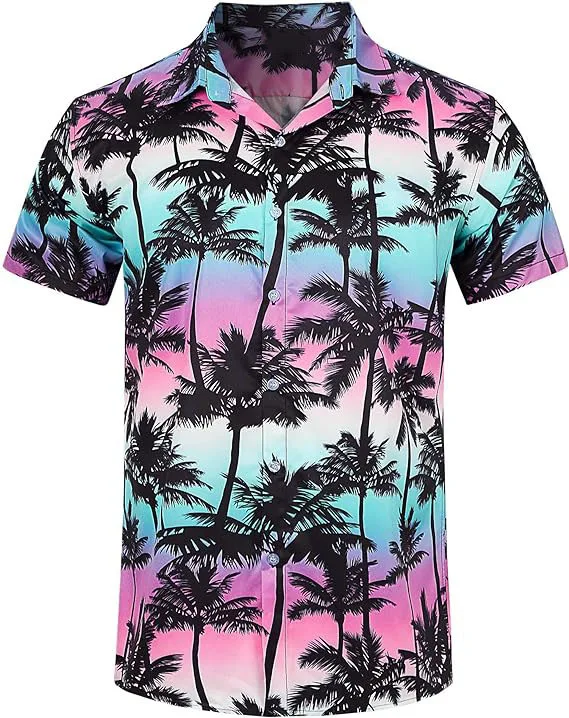 HOT New Men Coconut Tree Street Fashion Summer Daily Shirt Hawaiian Print Casual Loose Shirts Short Sleeve Beach Loose Tops