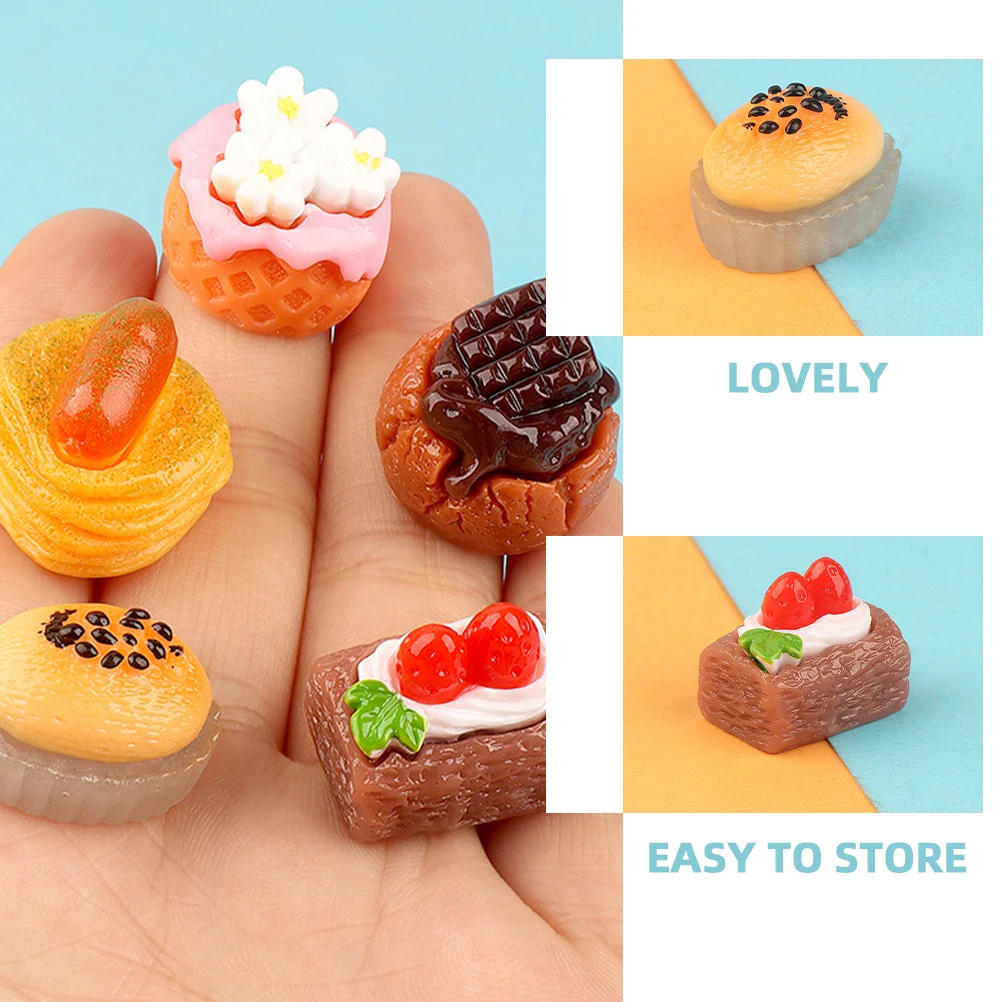 18 ชิ้นจําลองเรซิ่นเค้กเครื่องประดับผลไม้ชุดตกแต่งของเล่นตุ๊กตาเบเกอรี่ห้องครัวฉากเค้ก Miniatures เครื่องประดับ