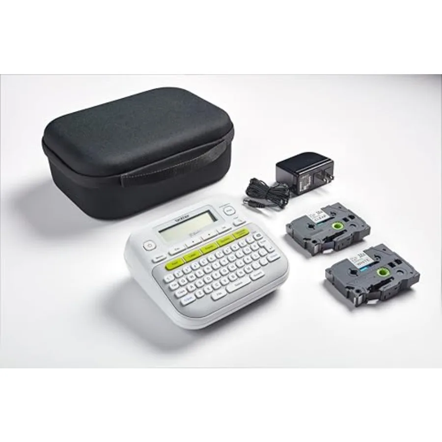 

Label maker for office use, monochrome plastic device in black with bonus carrying case, adapter and two TZe tapes for added va