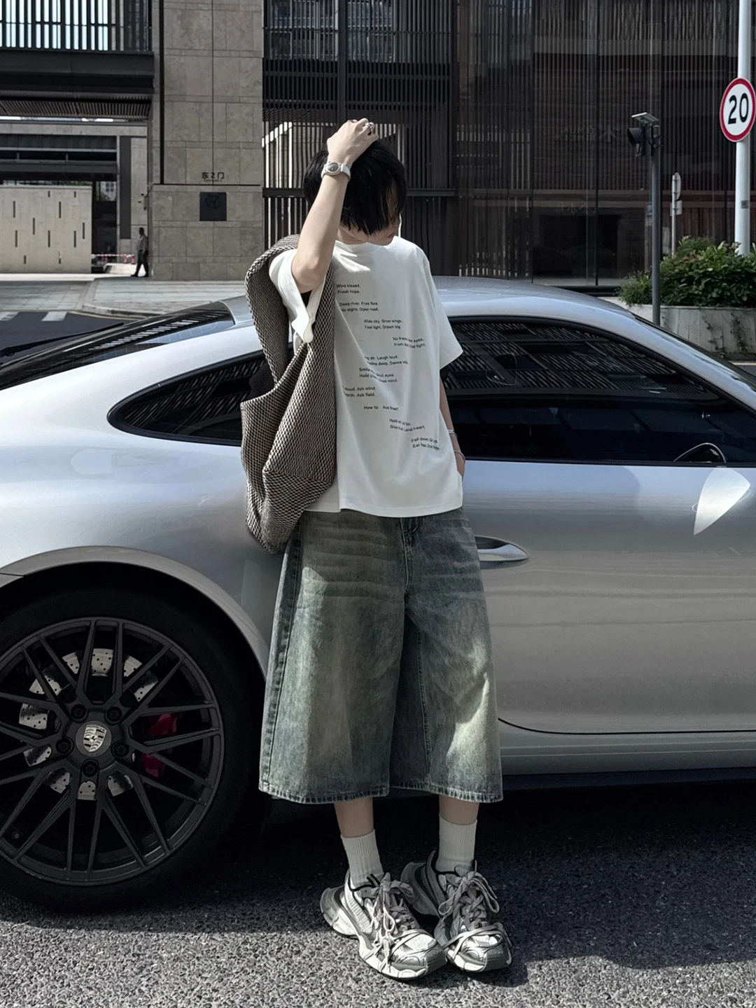 

Light Grey Blue Men's Washed 7/8 Length Wide Leg Jeans Summer American Retro High Street Shorts Cleanfit Loose Fit Denim Pants