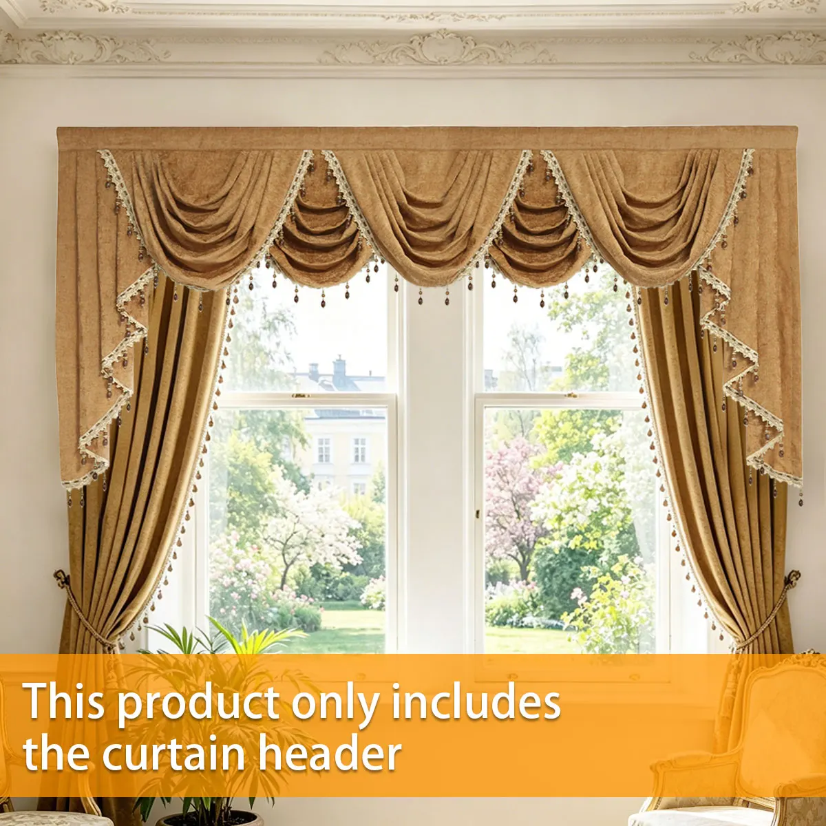1-pc-khaki-velvet-swag-valance-with-side-panels-french-vintage-country-style-hand-pleated-lace-bead-tassel-trim-window-pelmet