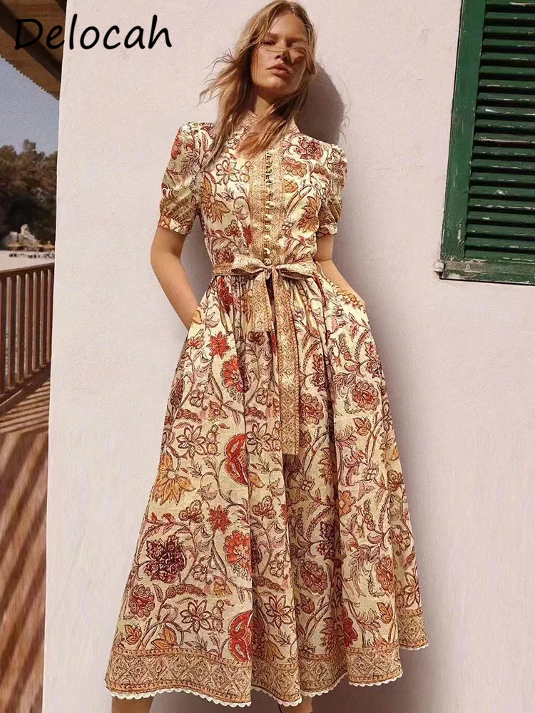 Delocah High Quality Summer Women Fashion Designer Party Vintage Floral Print Midi Dress Lantern Sleeve Button Belt Slim Dresses