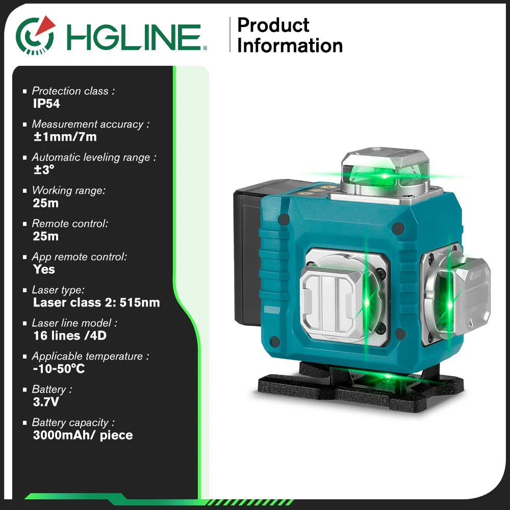 Imagem -02 - Hgline 16 Linhas Laser Nível 4d Linha Verde 360 ° Instrumento de Nível Laser de Super Potência com Controle Remoto Horizontal Vertical 30m App