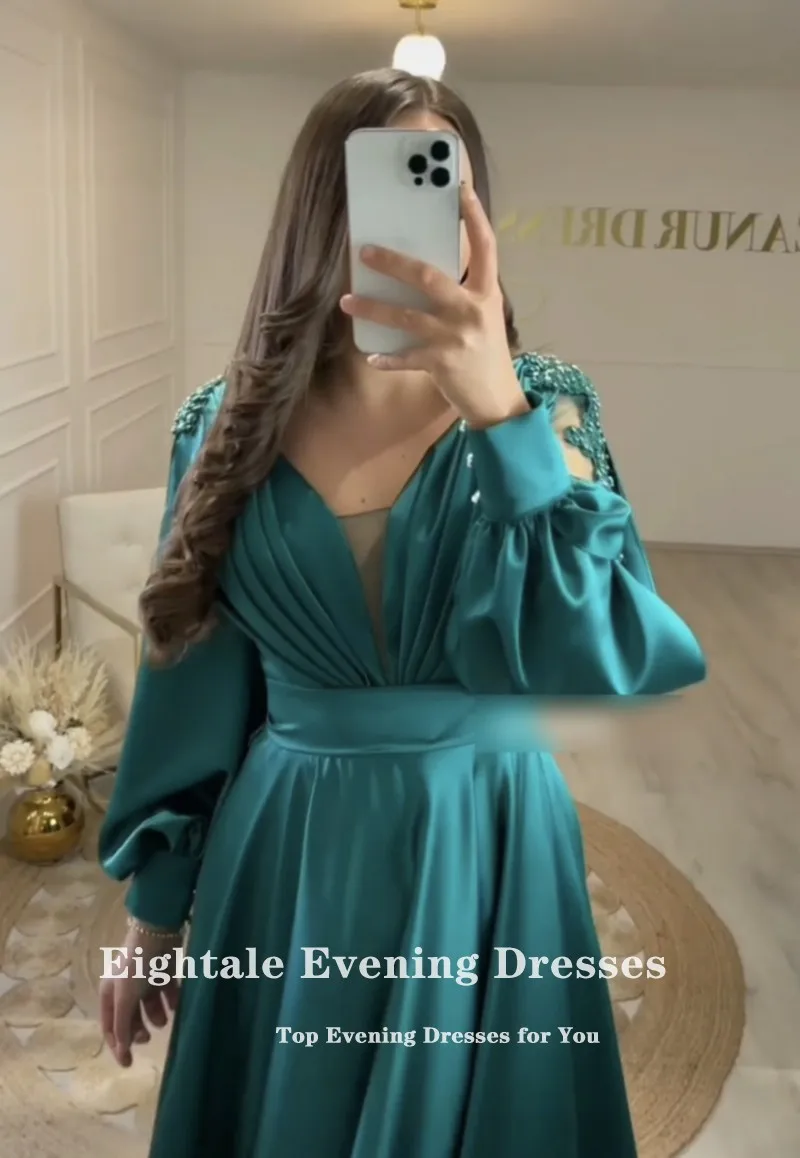 Eightale Green Evening Dresses V-Neck Short Prom Gown with Long Puffy Sleeves Customized Wedding Party Dress vestido feminino