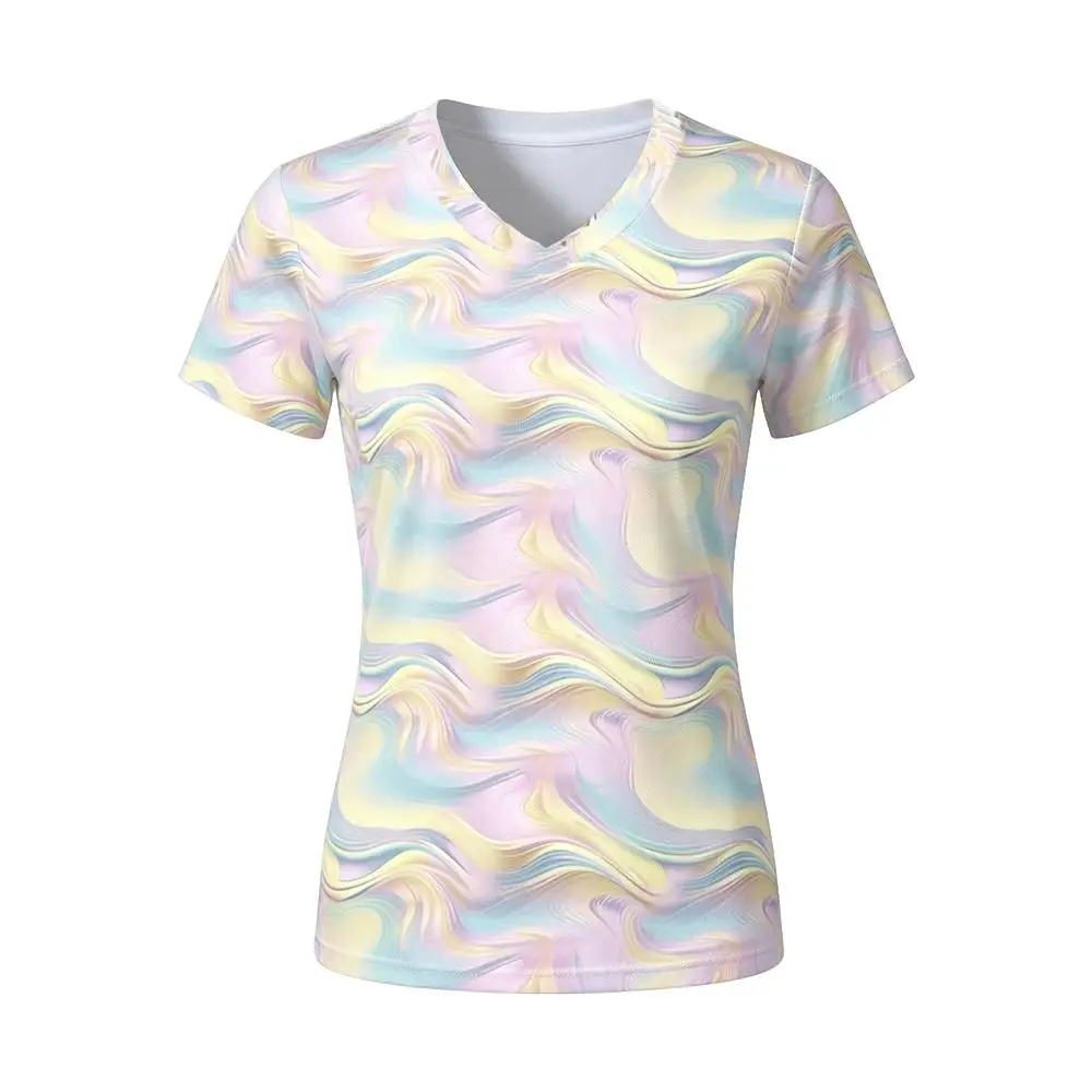Women Colorful Marble Fluid Swirl Print T‑Shirt Summer Temperament V-neck Short Sleeve Tees Casual Streetwear Ladies Daily Top