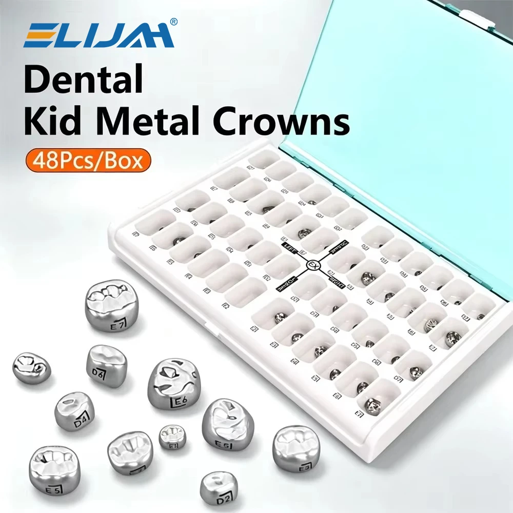 48Pcs/Box Dental Pediatric Preformed Metal Crowns Stainless Steel Temporary Pedo Molar Crown Kit Kids Primary Teeth Restoration
