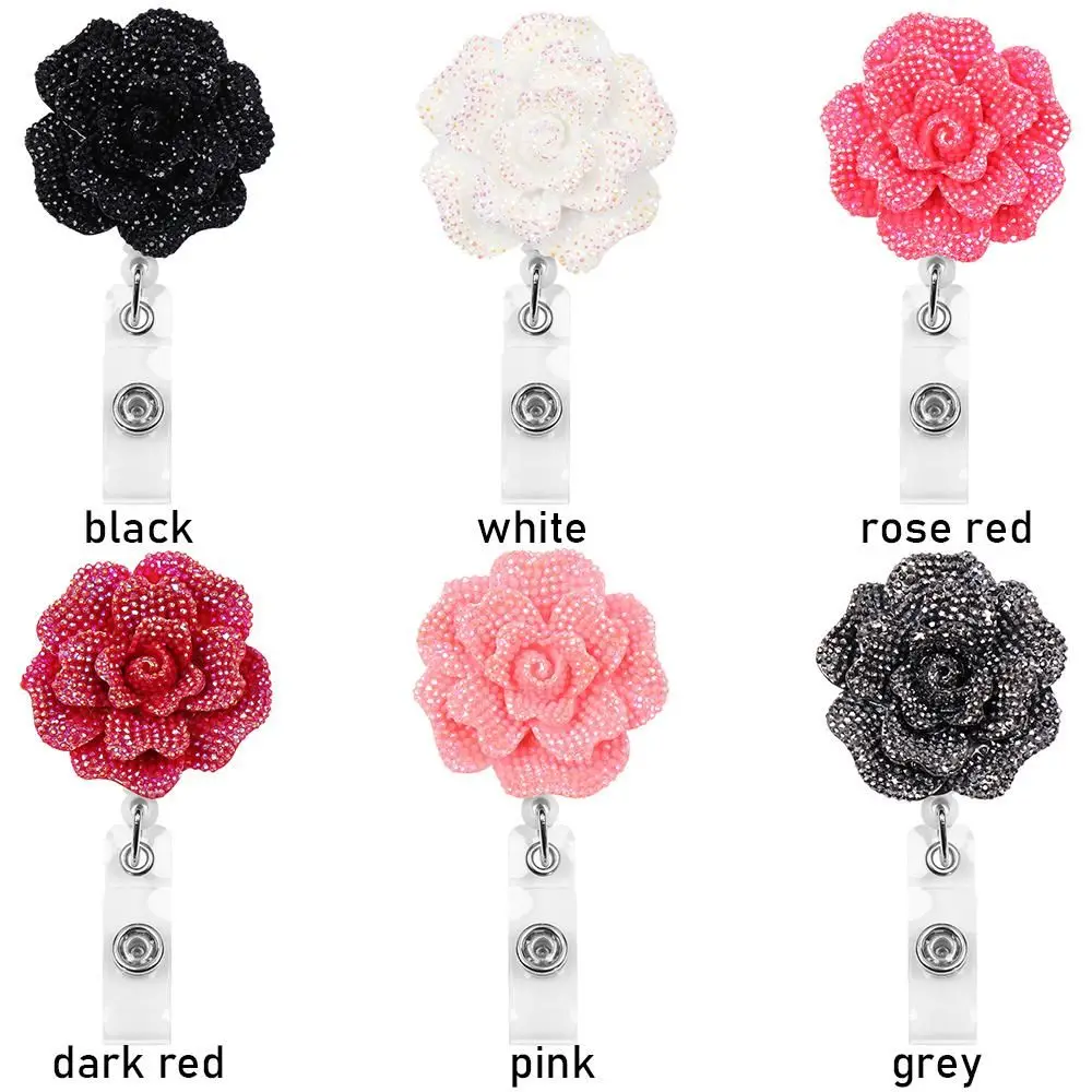 Fashion Office Supplies Lanyards Anti-Lost Clip Stationery ID Name Card Badges Holder Rose Shape Key Ring Badge Reel