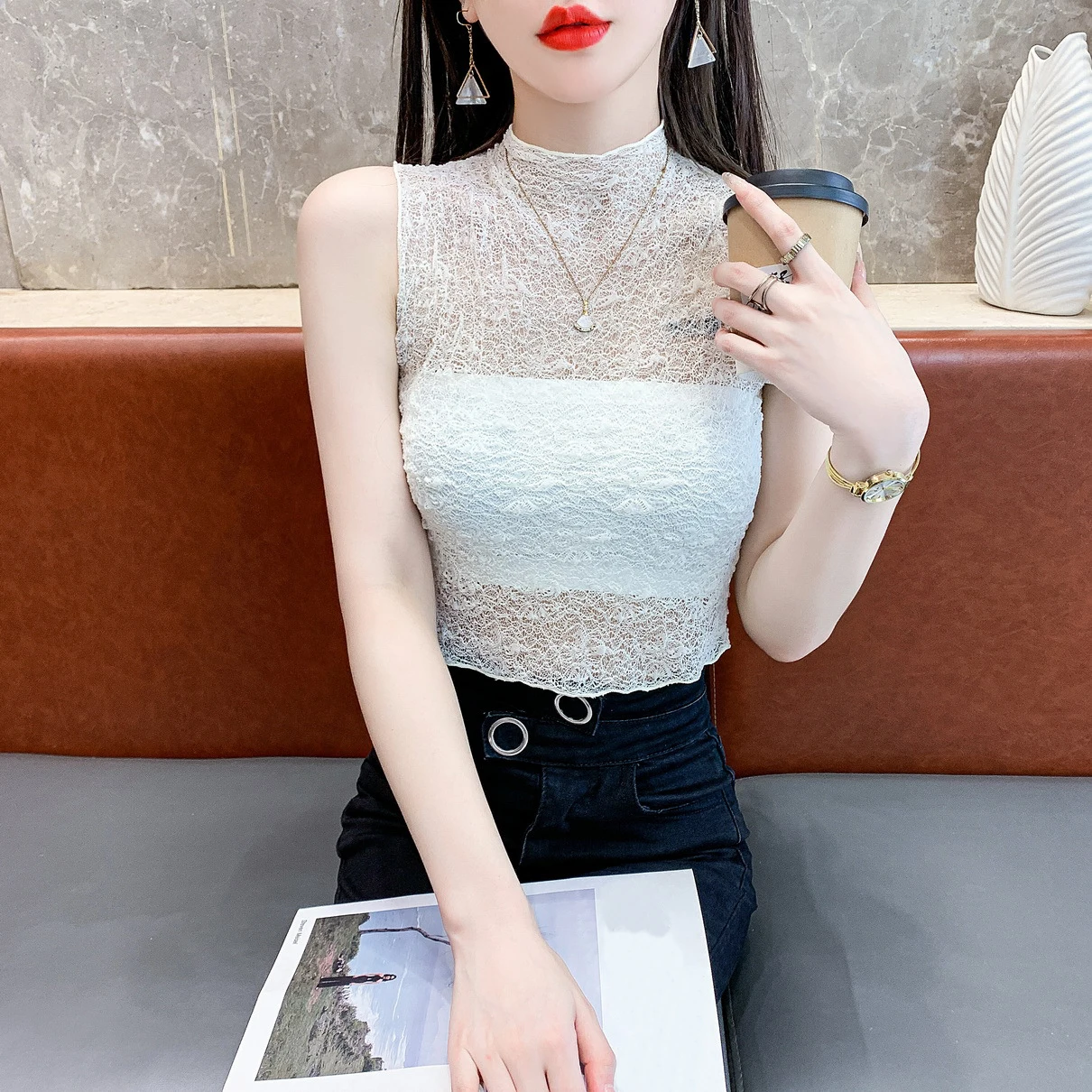 Women Solid Color Half High Neck Lace Mesh Vest Summer Casual Yoga Beach Holiday Top Female Fashion Sleeveless Base Shirt