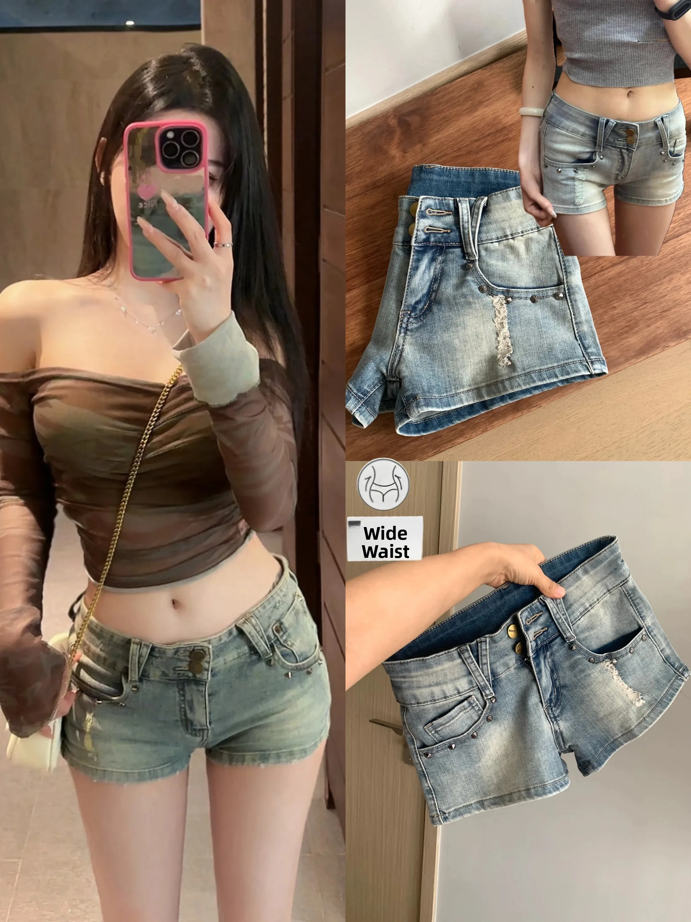 

Low Waist Denim Shorts Women's Summer Fashion Slim Fit High Elasticity Tailored Shorts with Rivet Hole Design Bodycon Shorts