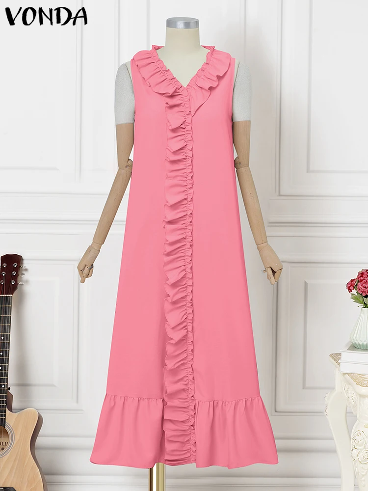 VONDA 여름 드레스 여성 민소매 섹시한 프릴 맥시 베스 티드 2025 패션 v 넥 캐주얼 솔리드 컬러 비치 롱 탱크 Sundress