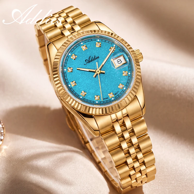 ADDIES Quartz Watches for Women 316L Stainless Steel Sapphire Crystal Date Display Elegant Ladies Wristwatch 50m Waterproof 28mm