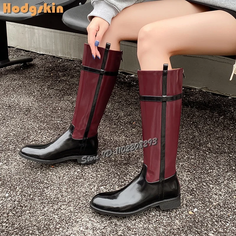 

Бордовые лоскутные рыцарские сапоги с круглым носком и молнией сзади, сапоги до колена на квадратном каблуке, весна-осень 2021, новая модная современная обувь