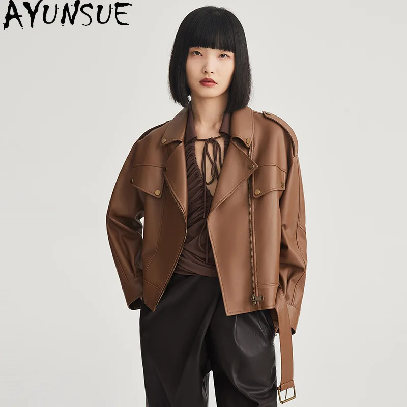 AYUNSUE 100% Real Leather Jacket Women 2023 New Fashion Short Genuine Sheepskin Coat Loose Leather Jackets Biker Streetwear