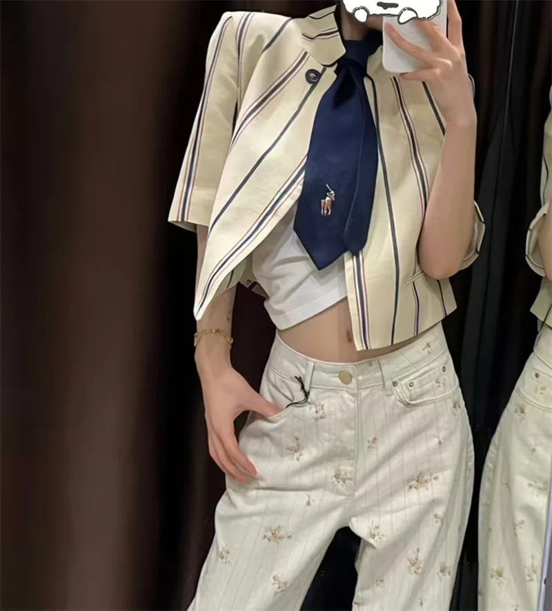 Guobioziy 2026 Summer New Women's Jacket Khaki Striped Short-Sleeve Cropped Simple Blazer Personality Fashion