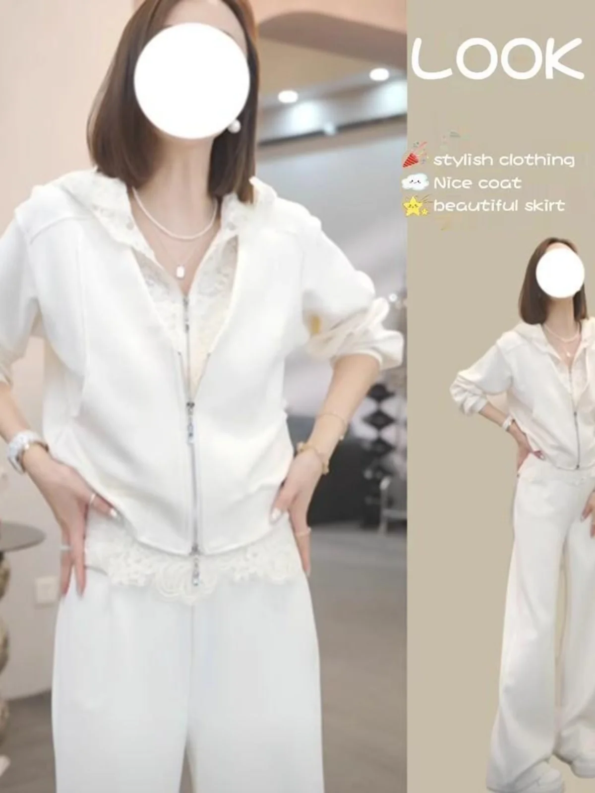 

Lace Hoodie Jaet And Wide Leg Pants Two Piece Set for Women Casual Sportswear Spring 2025 New Arrival Zipper Closure