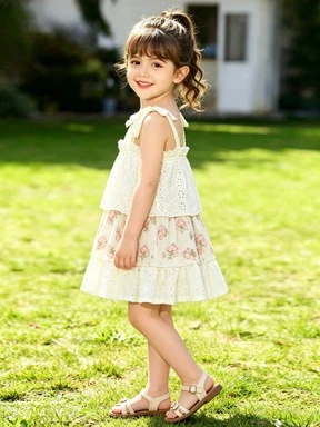 Summer girls' refreshing hollow out double-layer pure cotton printed lace up suspender baby dress