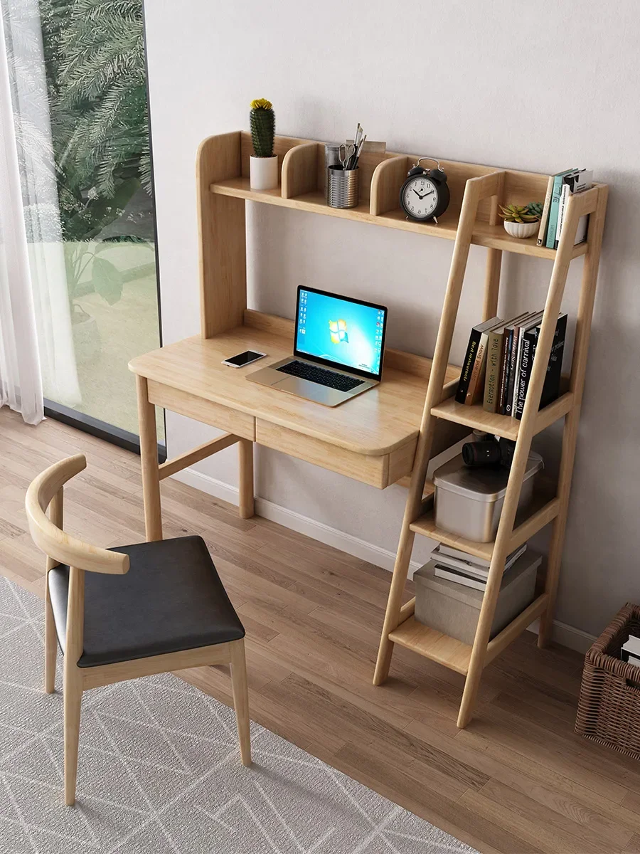 

Nordic solid wood desk bookshelf integrated table