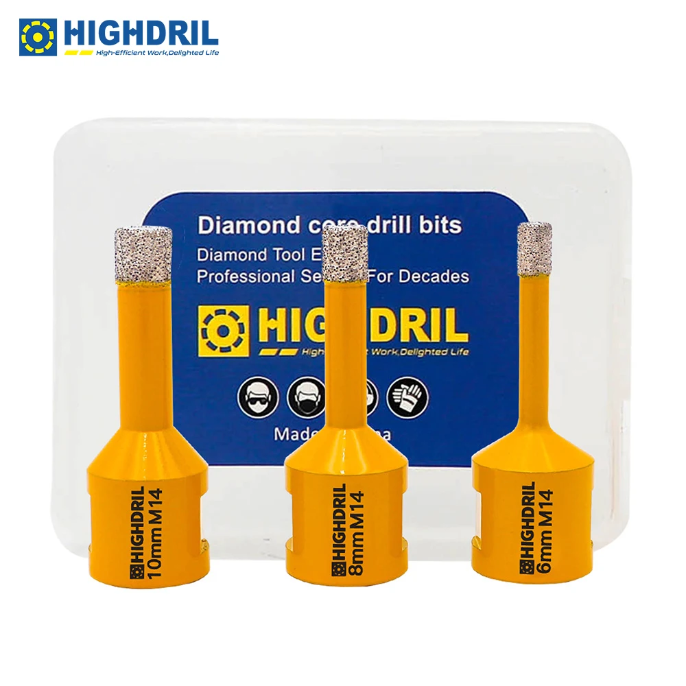 HIGHDRIL 3pcs Dia6/8/10mm M14 Dry Drilling Bit For Tile Porcelain Ceramic Marble Grit35/40 Angle Grinder Core Holes Cutters