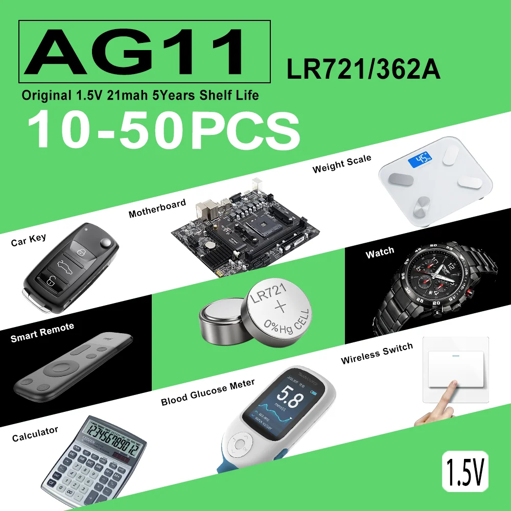 10-50PCS LR721 AG11 SR721SW LR58 362A 162 1.5V Lithium Manganese Dioxide Button Battery, Suitable for Calculators, Watches