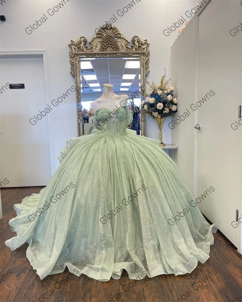 Vestido de baile de cristal, doce princesa Quinceanera vestidos, ombro, verde menta, novo design, 2023, 15, 16