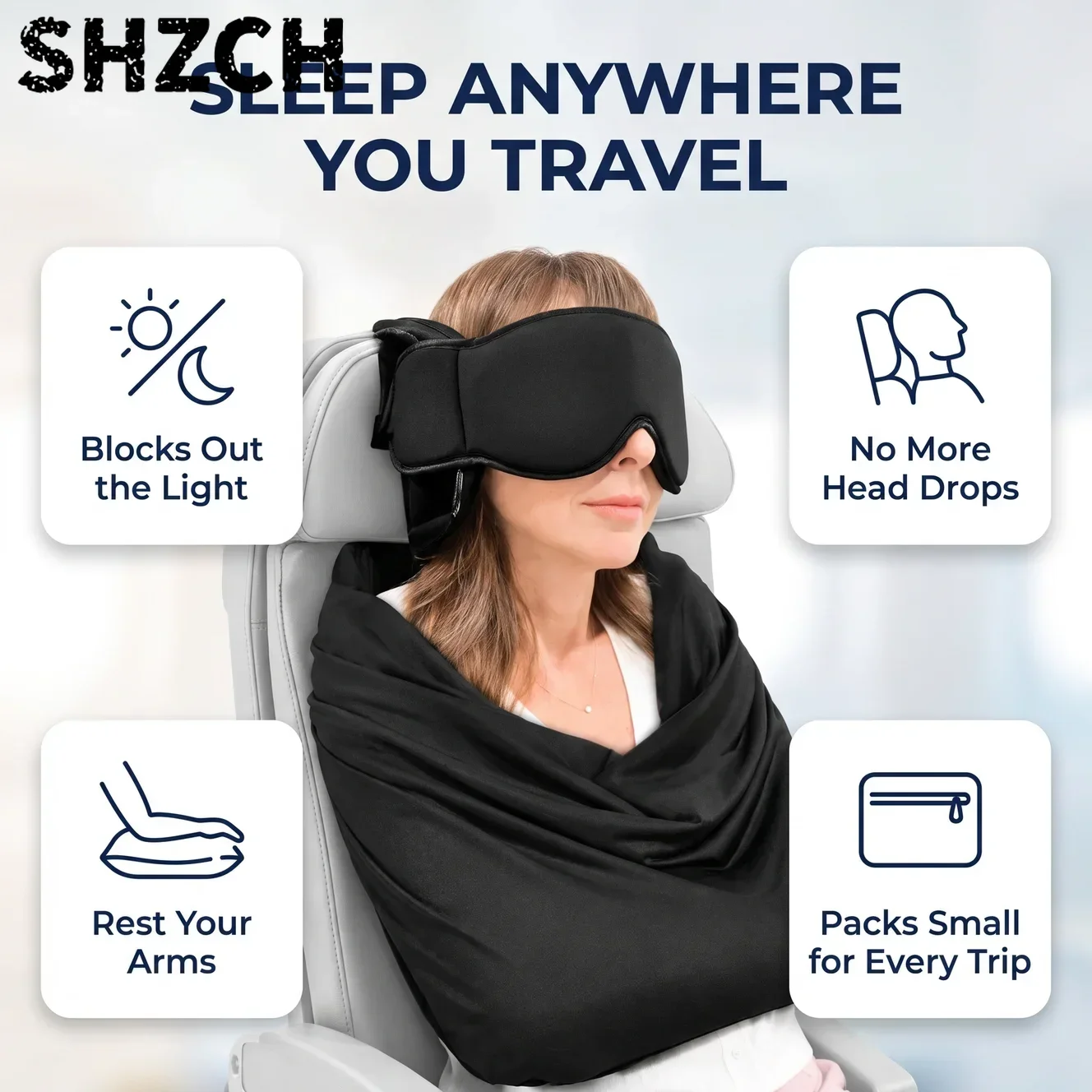 Airplane Sleep Support System, 3 in 1 Travel Pillow Eye Mask Wrap, Comfortable Head Neck Stabilizer for Long Flight Office