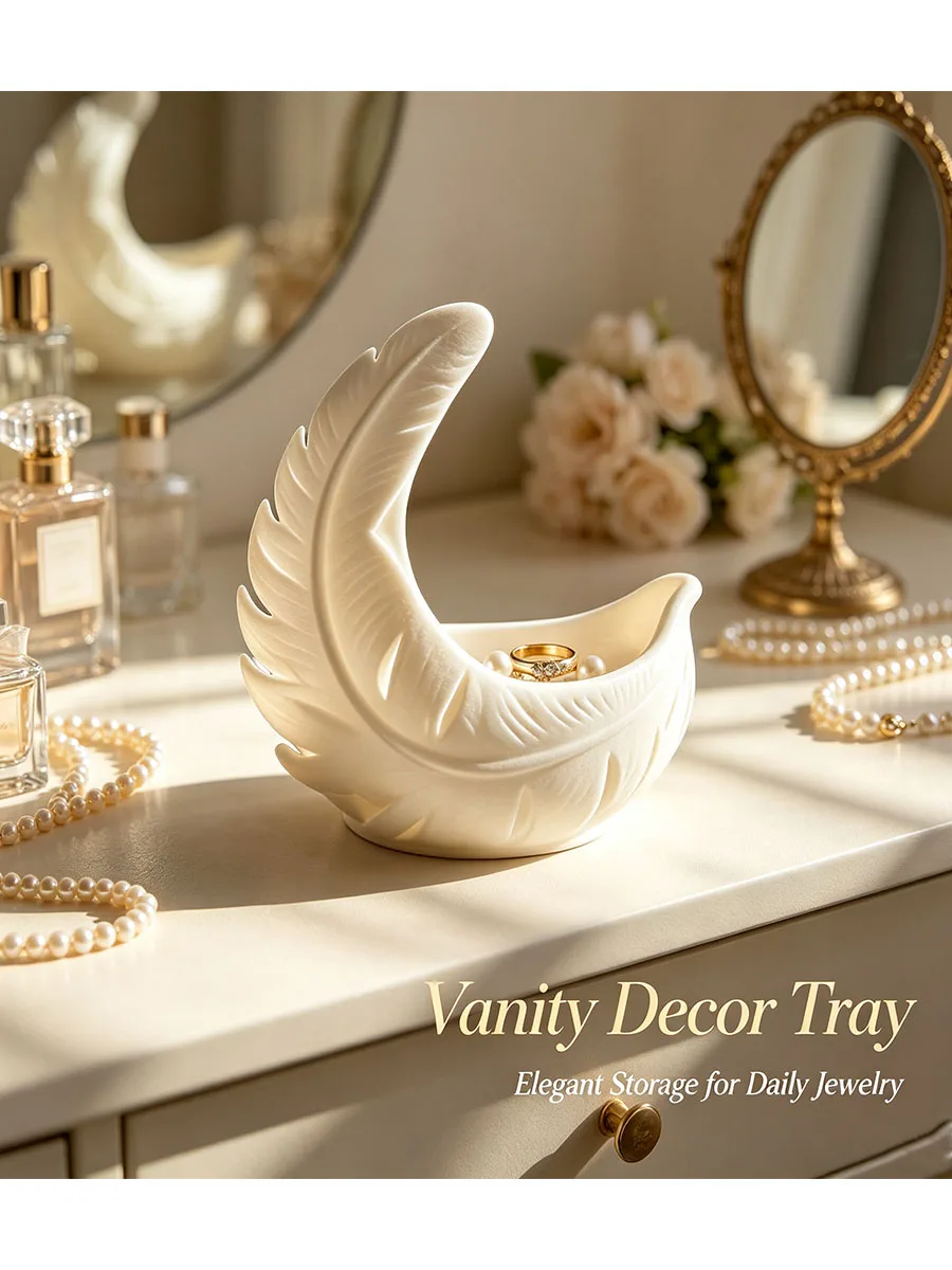 Feather Moon Feather Shaped Storage Bowl Silk White Craft Ornament Gift Jewelry Storage and Appearance Ornament