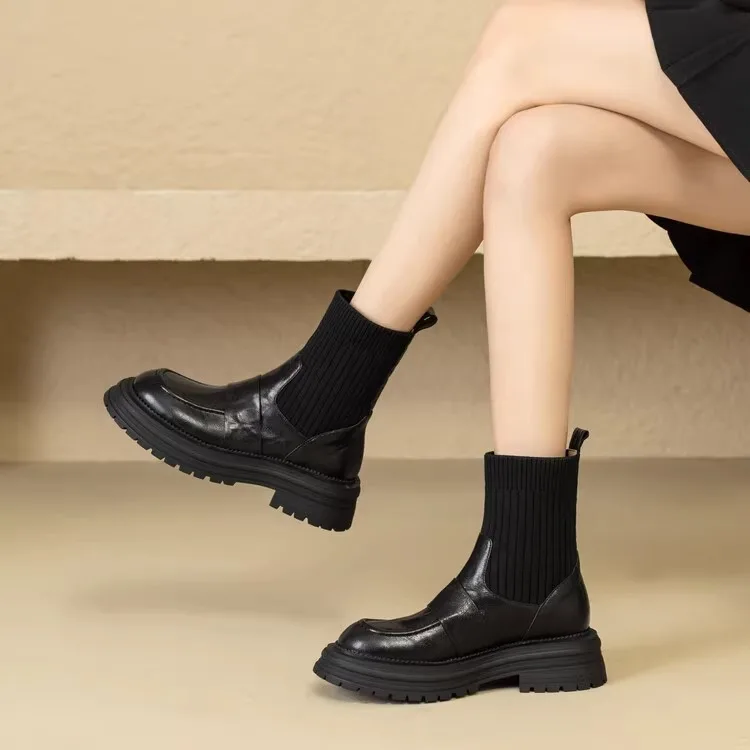 Boots Socks Heels Winter Shoes For Women Round Toe Chelsea Stockings 2024 Rubber Ladies Med Ankle Autumn Rock Microfiber Slip-O