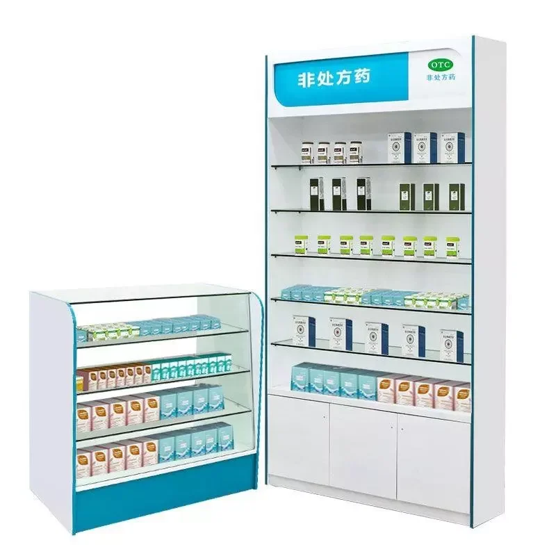 custom，Pharmacy Shop Cash Counter Design Display Showcase Furniture Glass shelf Wall Cabinet for Retail Medical Store Fixture