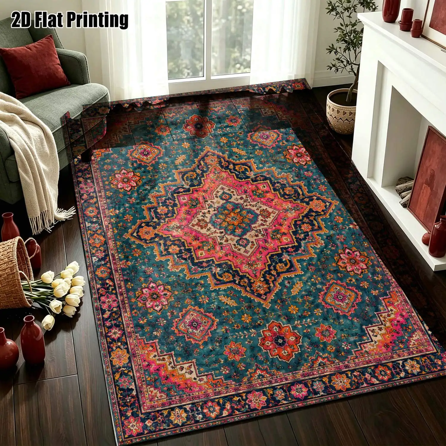 1Pc 2D Printed Retro Blue Floral Geometric Carpet, European/Bohemian Style, Machine Washable, Multi-Size, Ideal for Home Decor as Entrance/Living Room/Bedroom/Dining Room/Foyer Mat