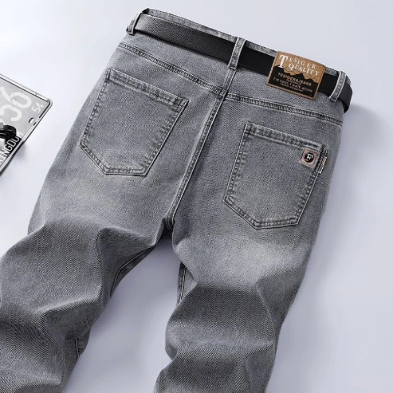 

New Embroidery Fashion Straight Jeans Men Stretch Black Blue Slim Fit Pants Comfortable Business Denim Trousers Men's Jeans