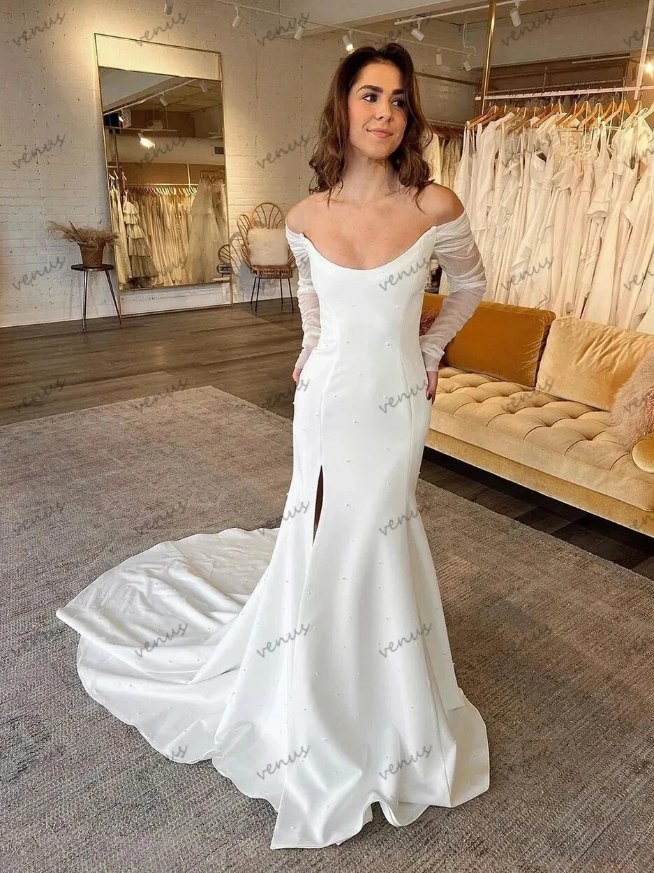 Simple Wedding Dresses Satin Bridal Gowns O-Neck Off The Shoulder Sheath Mermaid Sweep Train Glamorous Vestidos De Novia 2024