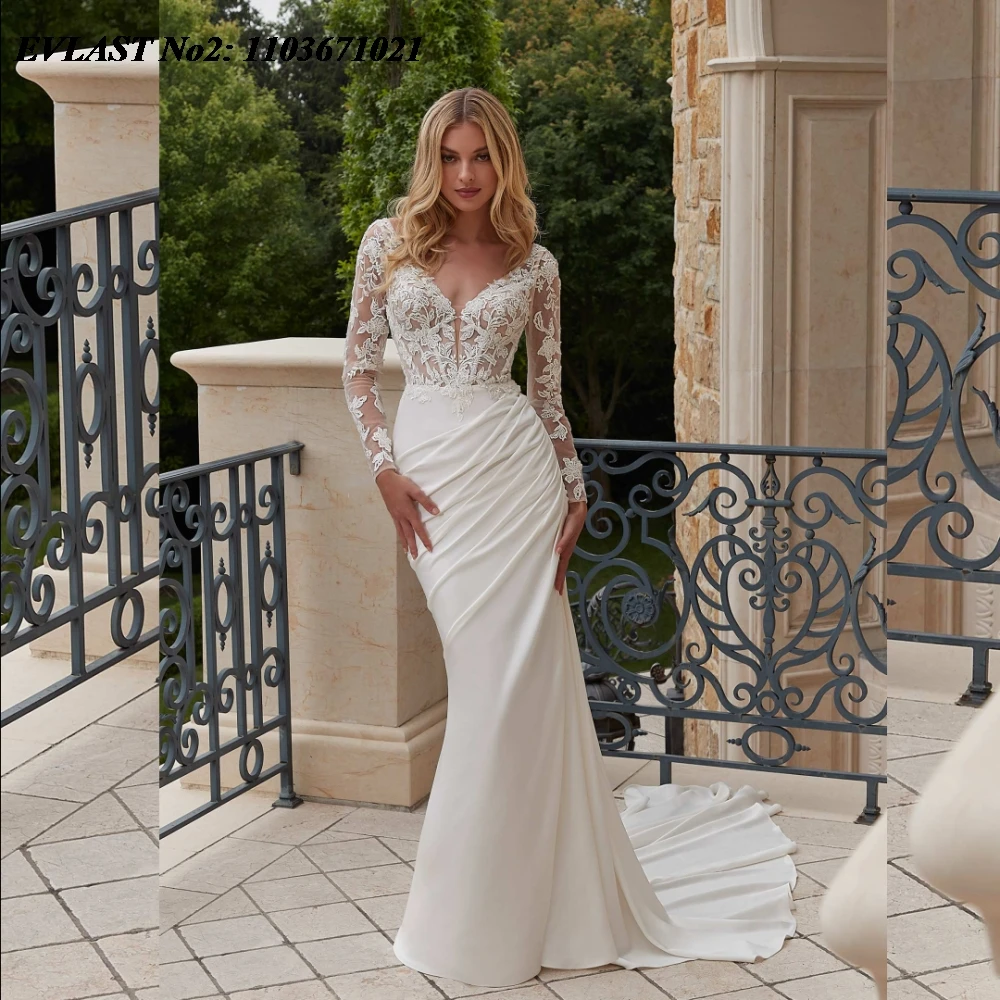 

EVLAST Customized Sexy Long Sleeve Mermaid Lace Wedding Dress Applique Beading Vestido De Novia Bridal Gown Robe De Mariee MD18