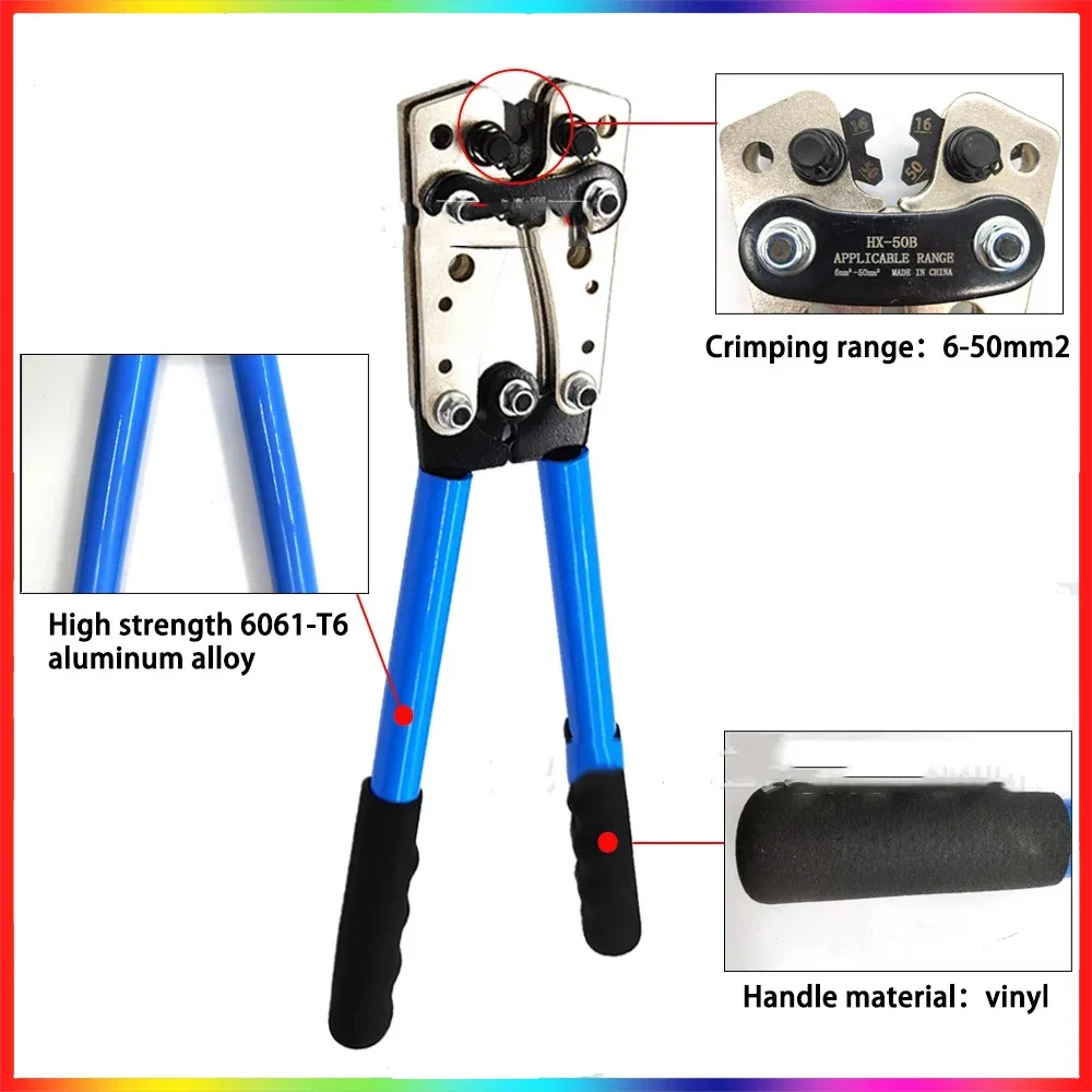 

HX-50B Crimping Pliers 6-50mm²/AWG 10-0 Tube Terminal Crimper Hex Crimp Tool Multitool Battery Cable Lug Cable Hand Tools