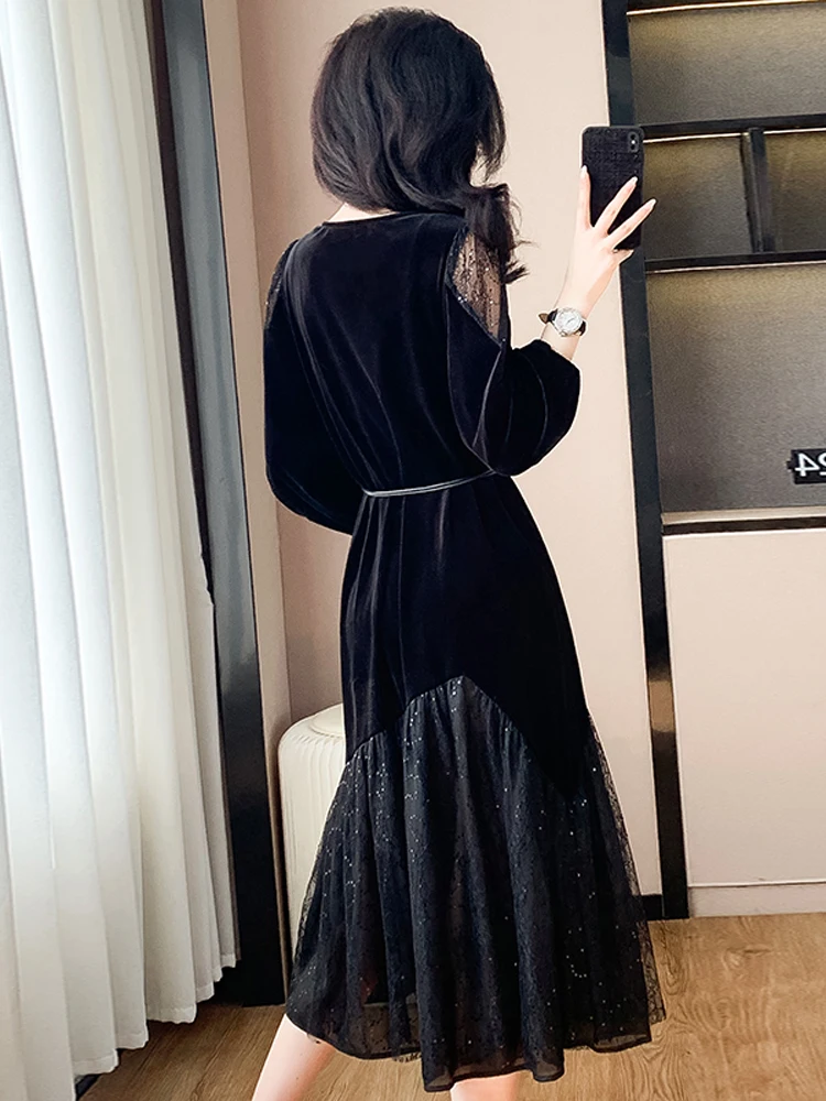 NYFS 2025 ربيع الخريف جديد كوريا المخملية فستان امرأة Vestidos رداء Elbise شبكة المرقعة فضفاض حجم كبير فساتين طويلة