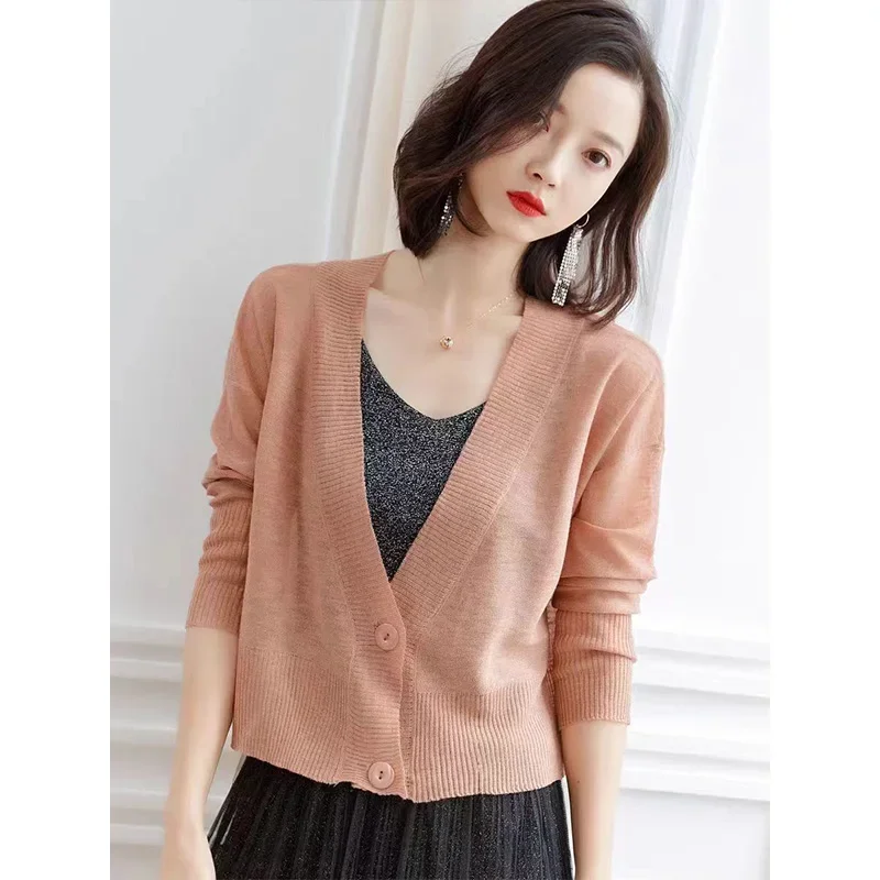 Women\'s Clothing Basic Solid Elegant V-neck Thin Knitted Cardigan Spring Autumn Casual Loose Soft Short Sweater Office Lady Top