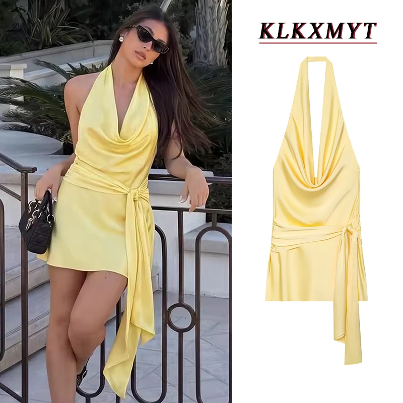 Damen Sommer Mode Satin Neckholder V-Ausschnitt Plissiertes Minikleid Damen 2026 Sexy Ärmellos Rückenfrei Elegant Schnürung Kurze Kleider