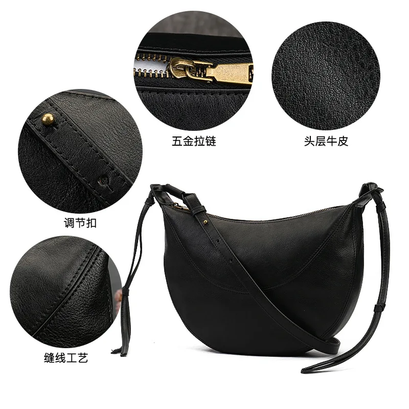 Leather handbag fashion one shoulder inclined bag, large capacity crescent baotou layer cowhide dumplings package