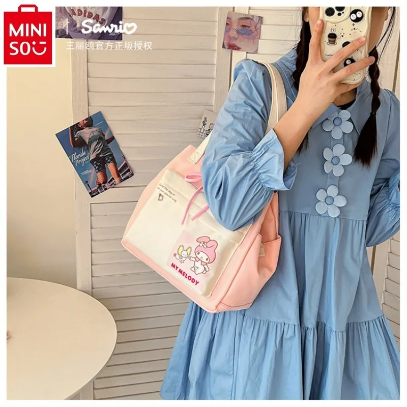 Miniso Sanrio Cartoon Kuromi Student Kleur Contrast Waterdicht Grote Capaciteit Bundel Zak Één Schouder Crossbody Draagtas