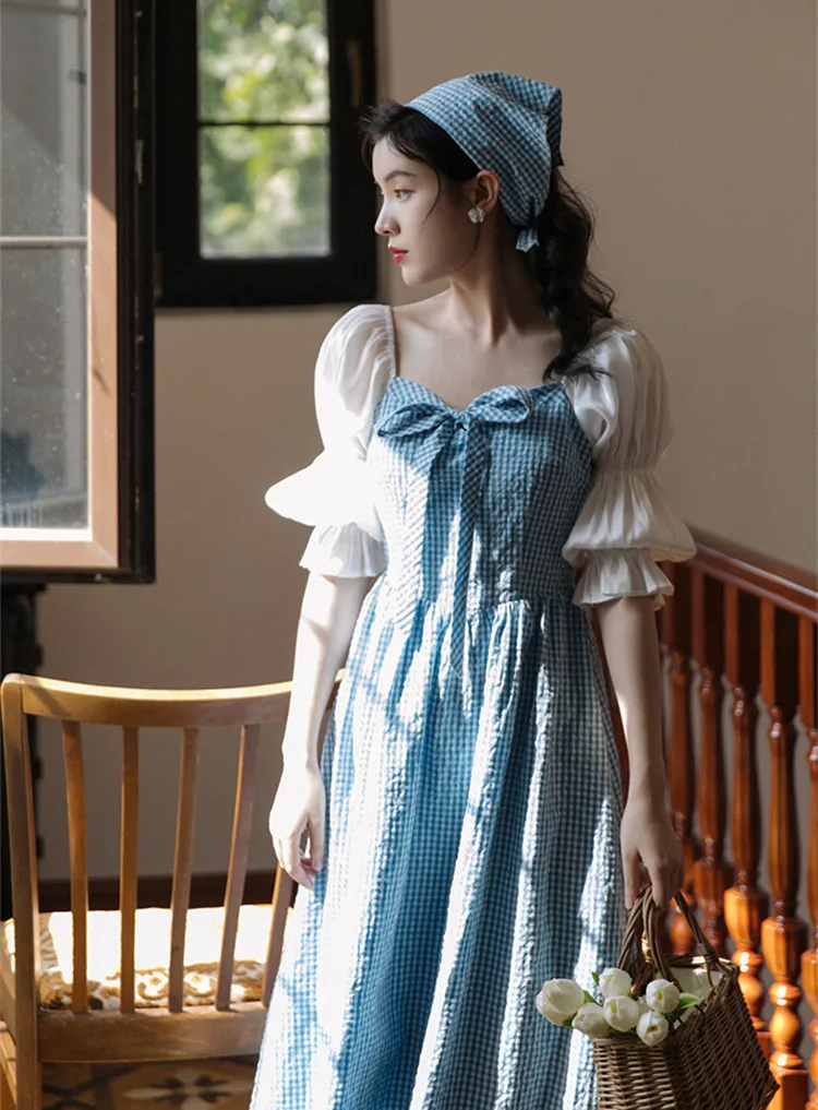 Summer Cottage Mori Girl Dress Woman Vintage Blue White Plaid Bow Puff Sleeve Prairie Chic Princess Dresses Retro Vestido Festa