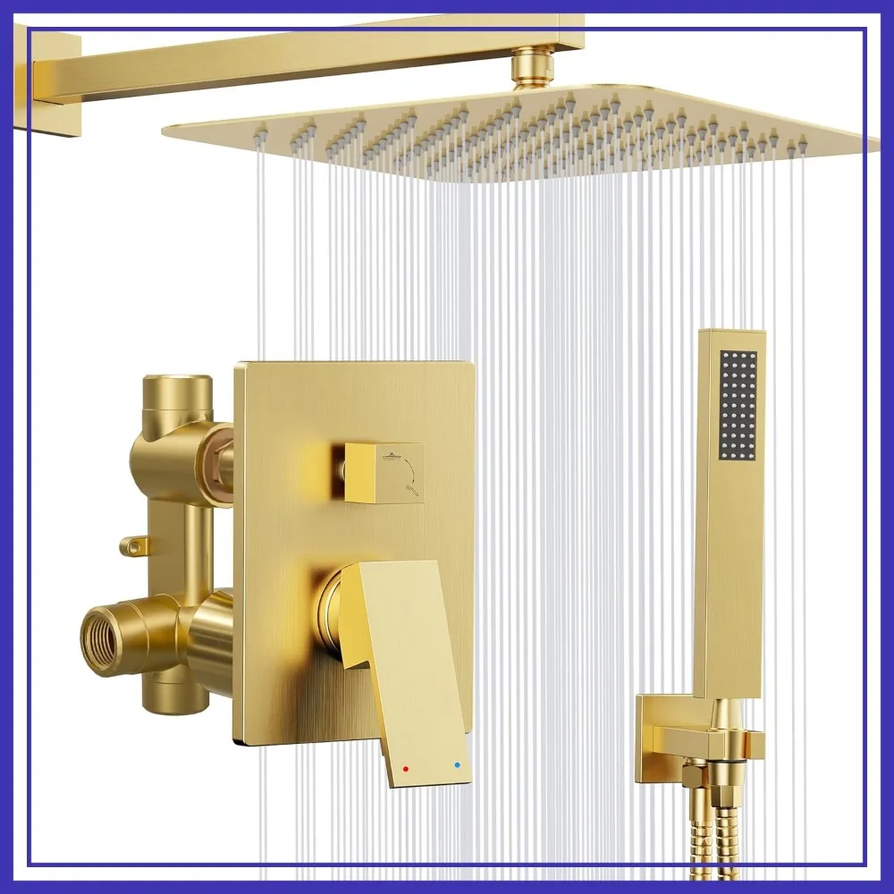

10'' Square Rainfall Shower Head with Handheld Combo, Brushed Gold Shower Faucet Set, Wall Mounted, 59'' Hose, Diverter Included