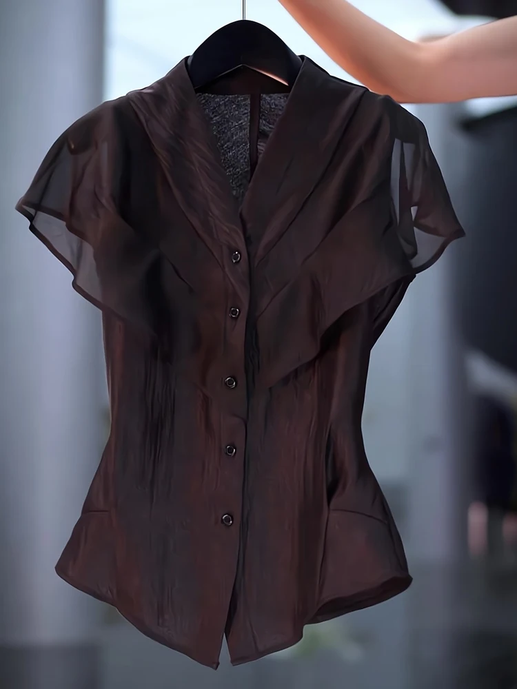 Faionable Summer Commute Slim Fit Chiffon irt with Lace Hemline ort Sve V Ne  Color Korean Sle Workwear