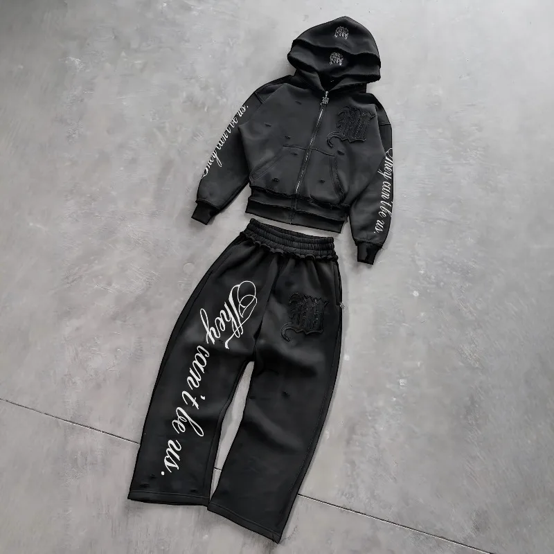 

Y2k 2026 New 2 Piece Set Minimalist Letter Print Harajuku High Street Hoodie Set Black Gray Sweatpants Gothic Pantalones Hombre
