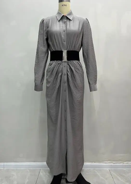 

Spring & Autumn New Fashion Women's Flip Collar Buckled Dress with Belt Temperament Commuting Female Elegant High Waist Dresses