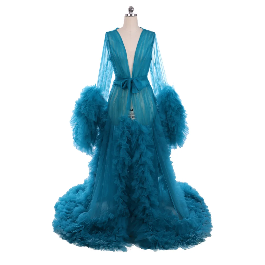 Costumebuy Women's Feathers Robe Wedding Bridal Boudoir Robe Feather Sheer Robe Tulle Illusion Long Birthday Sexy Lingerie Robe