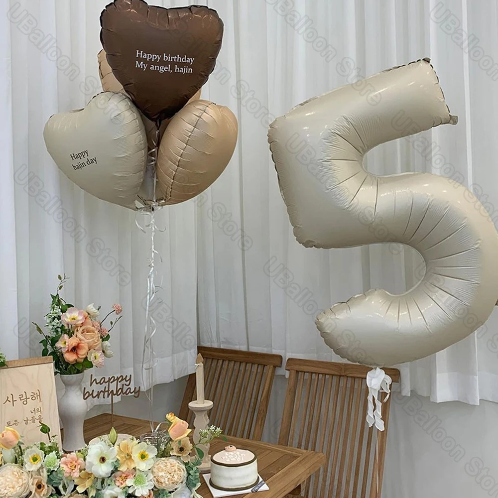 Custom Birthday Number Balloon Large Brown Caramel Cream Beige Number Heart Custom Name Balloon for Birthday Anniversary Decor