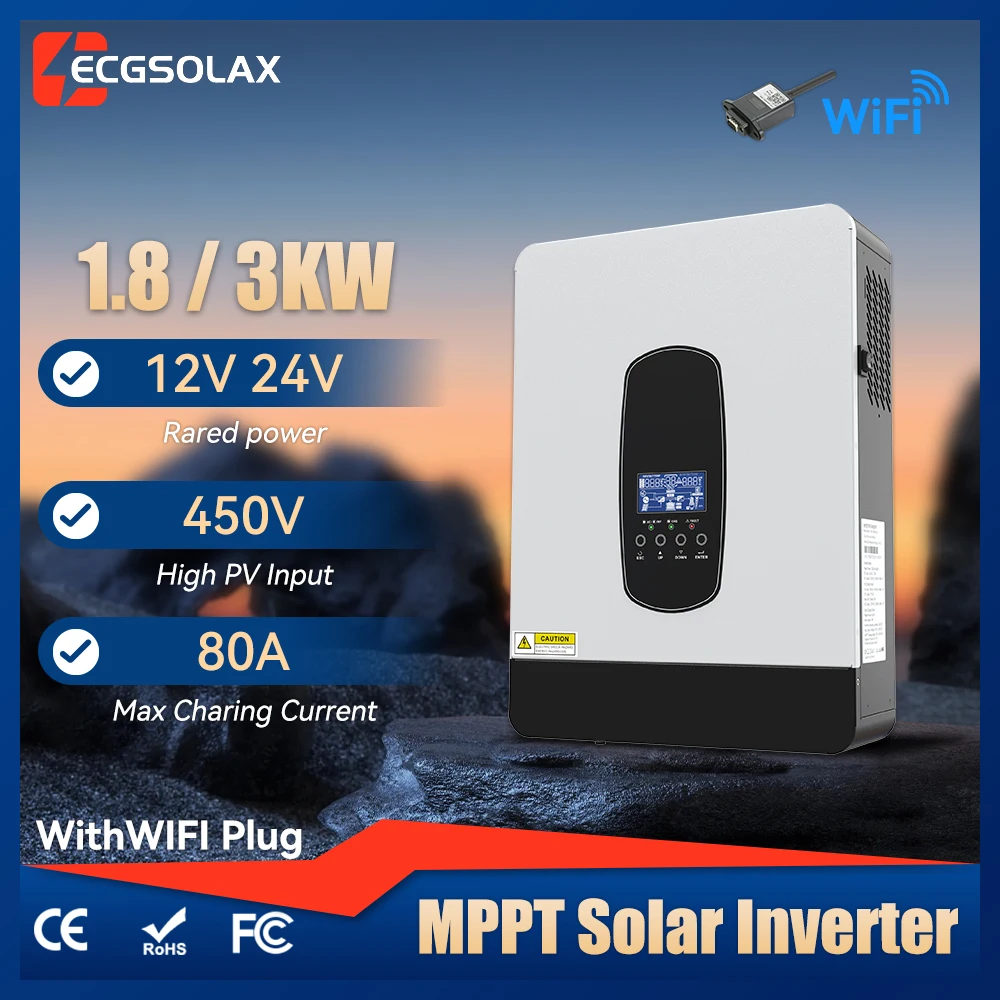 ECGSOLAX 3KW 1.8KW Solar Hybrid Inverter 12V 24V 230Vac With 80A MPPT Solar Charger Off-grid Hybrid Solar Inveter Max PV 450VDC