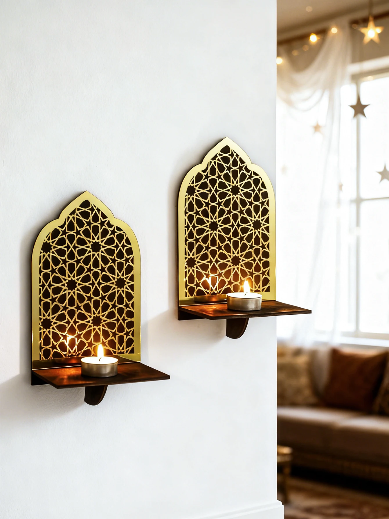Islamisches Ramadan-Holz-Wandregal, geometrisch, goldfarben, schwarz, Acryl, Hängeregal für Eid Mubarak, Kareem, Kerze, Weihrauch, Heimdekoration, Geschenk